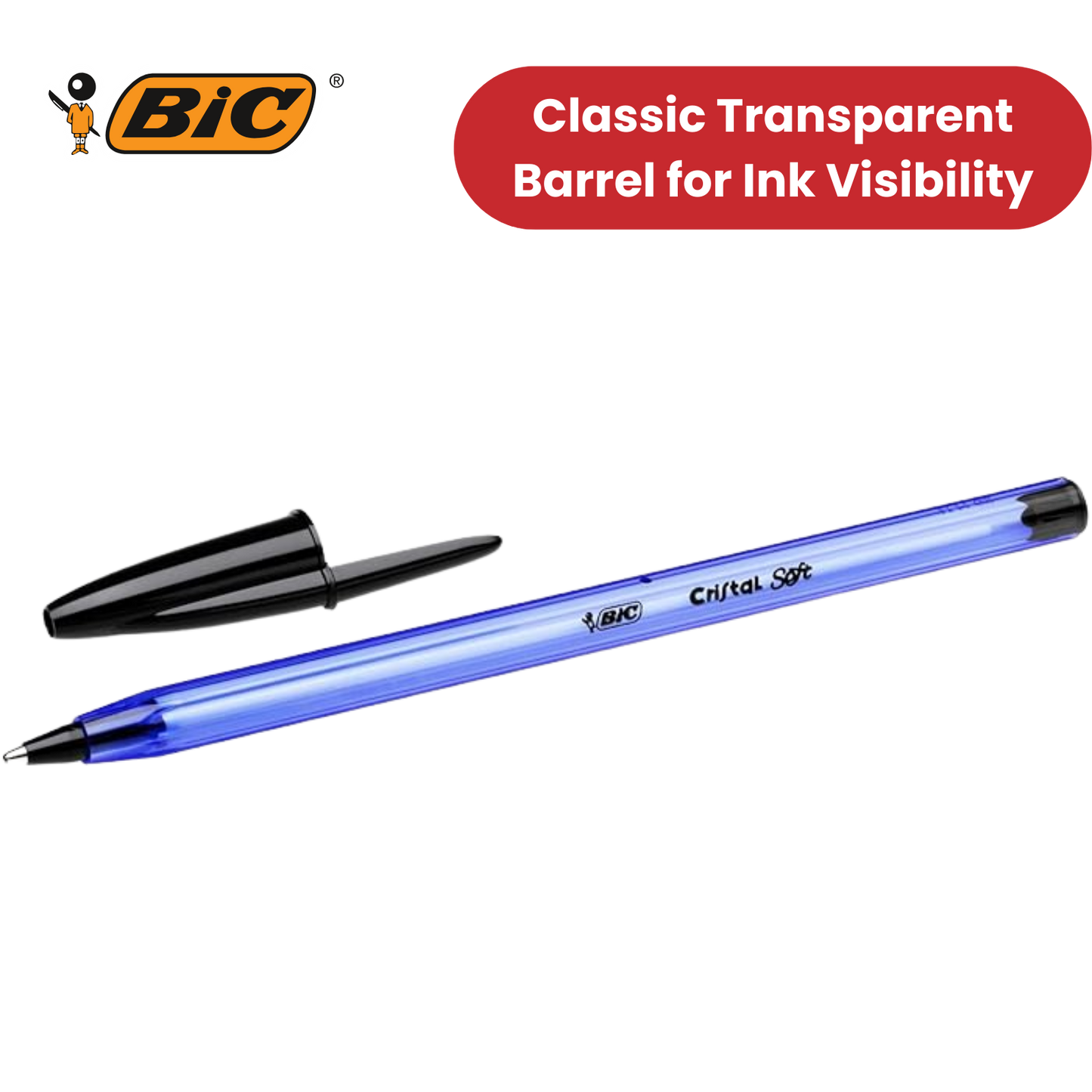 BIC Cristal Soft Black Ballpoint Pens, Smooth And Reliable Writing - Pack of 50