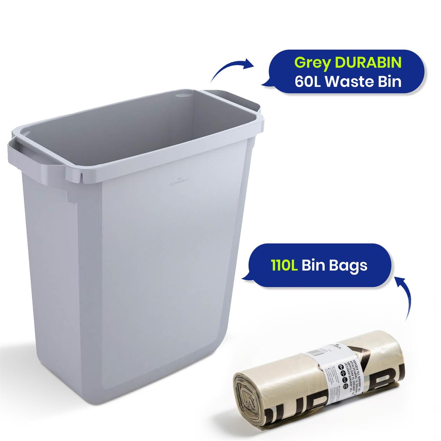 110L Bin Bags 25 Pack and 60L DURABIN Waste Bin Bundle Strong Recycled Plastic Set