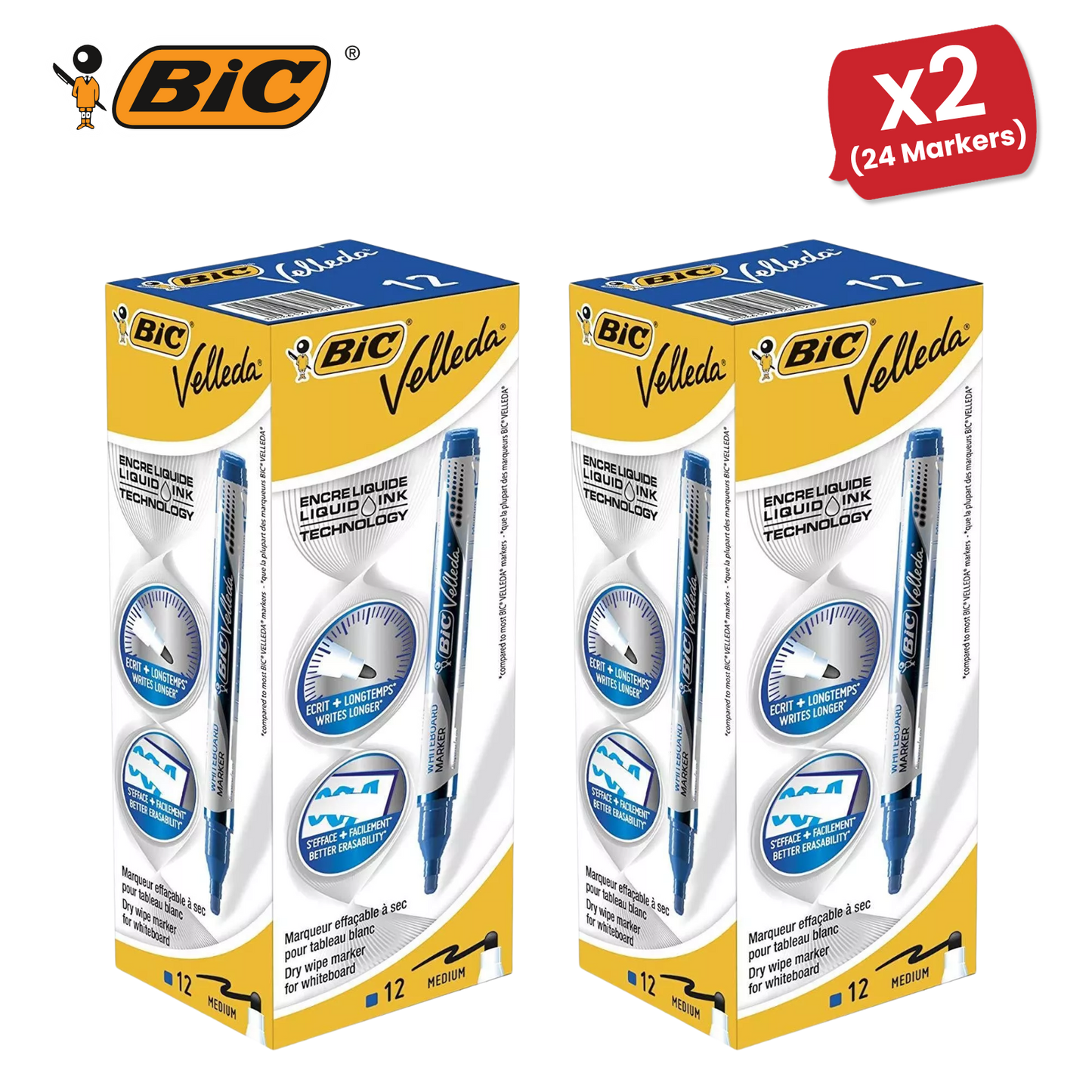 BIC Velleda Liquid Ink Dry Wipe Markers - Blue Ink, Smooth Writing, Pack of 12