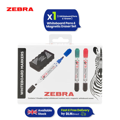 Zebra Dual Tip Whiteboard Marker Pens Pack of 3 with Magnetic Eraser 3mm Bullet Tip for Home School Office Writing Boards and Weekly Planning Use