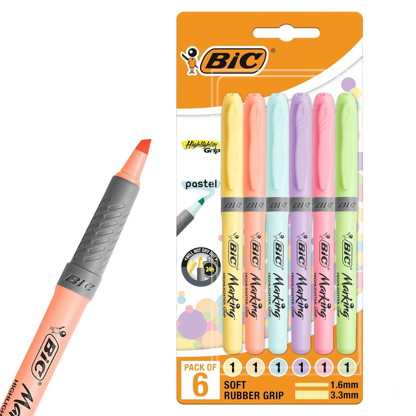 BIC Highlighter Grip Pastel, Highlighter Pens with Adjustable Chisel Tip, Assorted Colours, Pack of 6