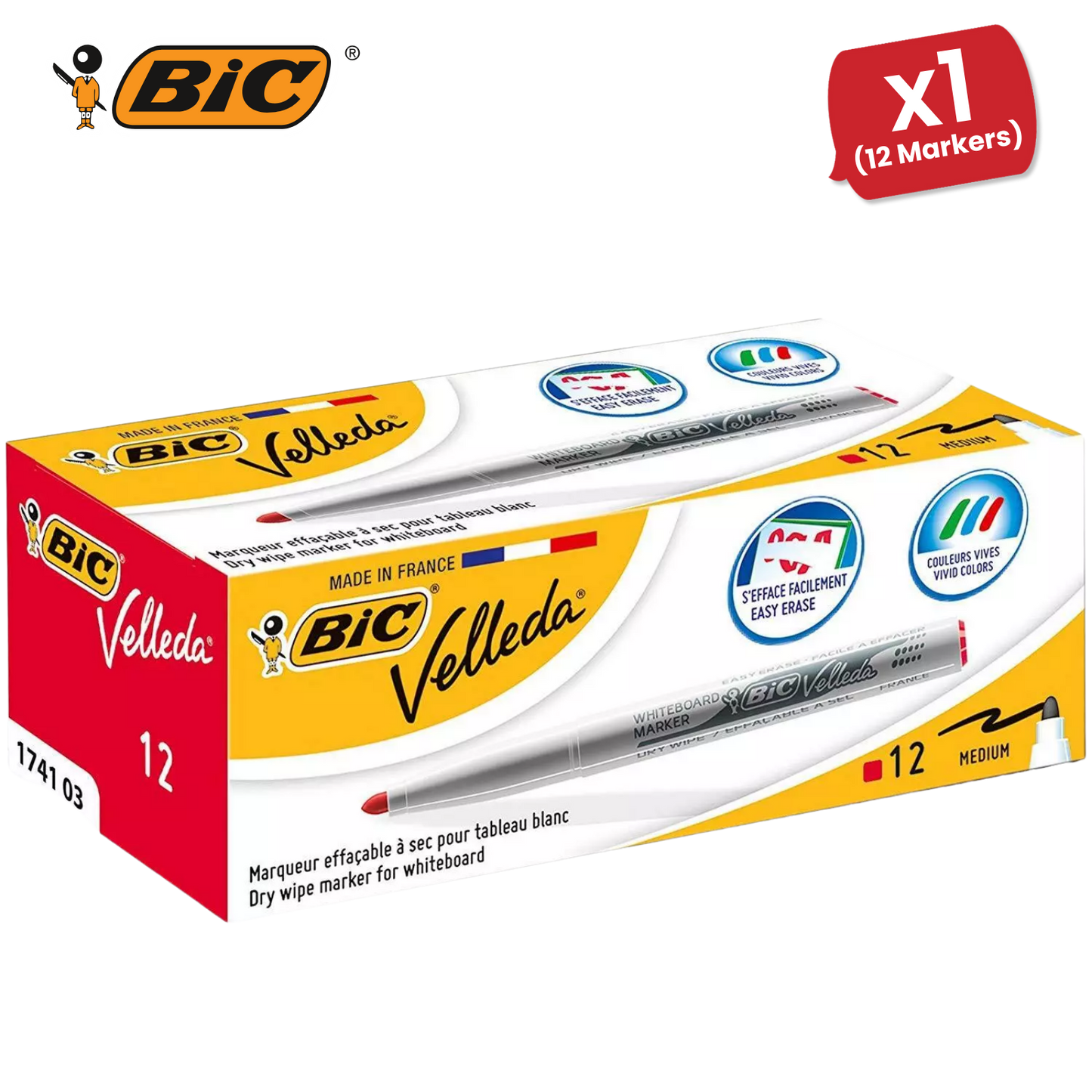 Bic Velleda 1741 Whiteboard Drywipe Markers Red – Long-Lasting Pens Box of 12Bic Velleda 1741 Whiteboard Drywipe Markers Red – Long-Lasting Pens Box of 12