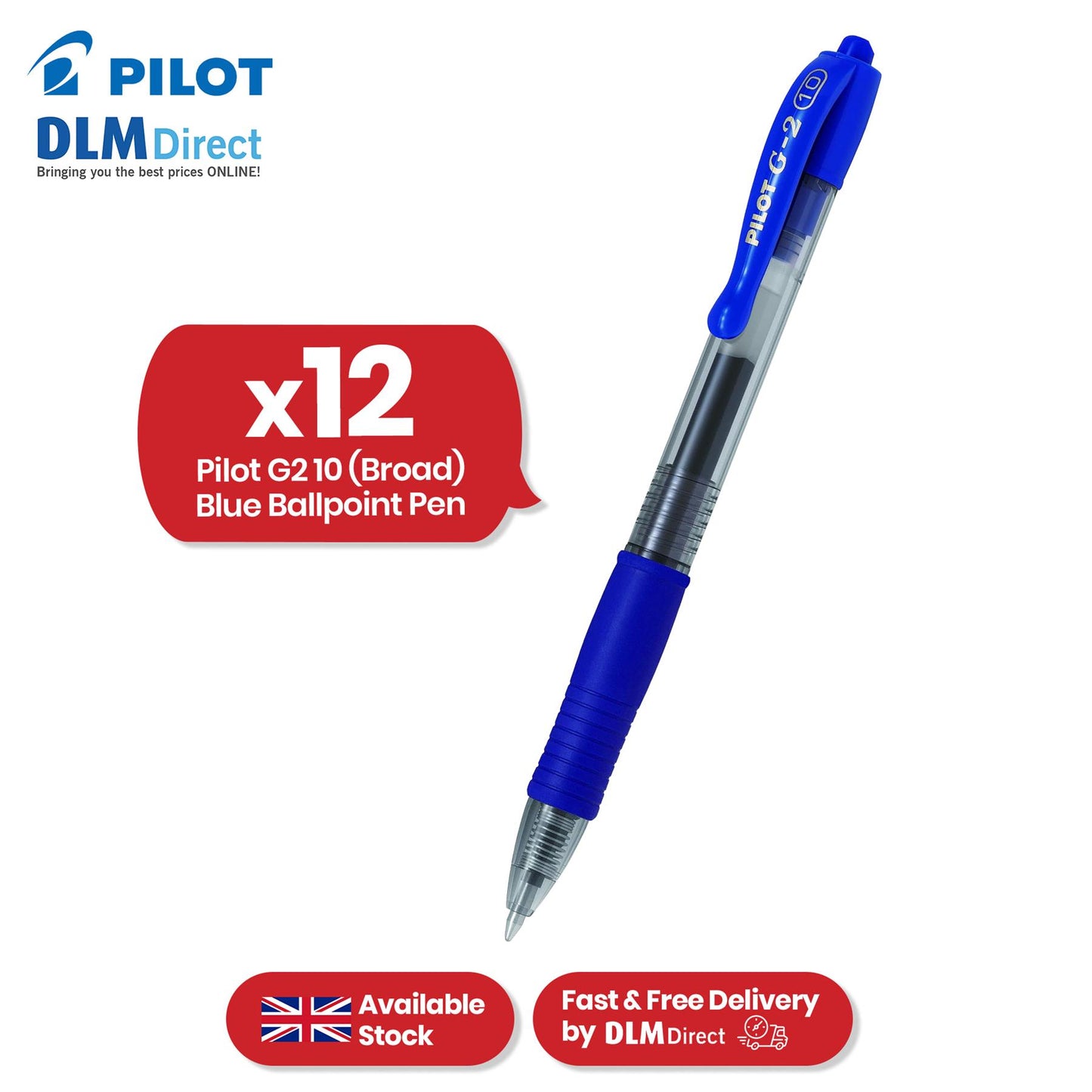 Pilot G2 10 Broad Blue Ballpoint - Retractable Pen, 0.6mm Refillable Biro for Kids