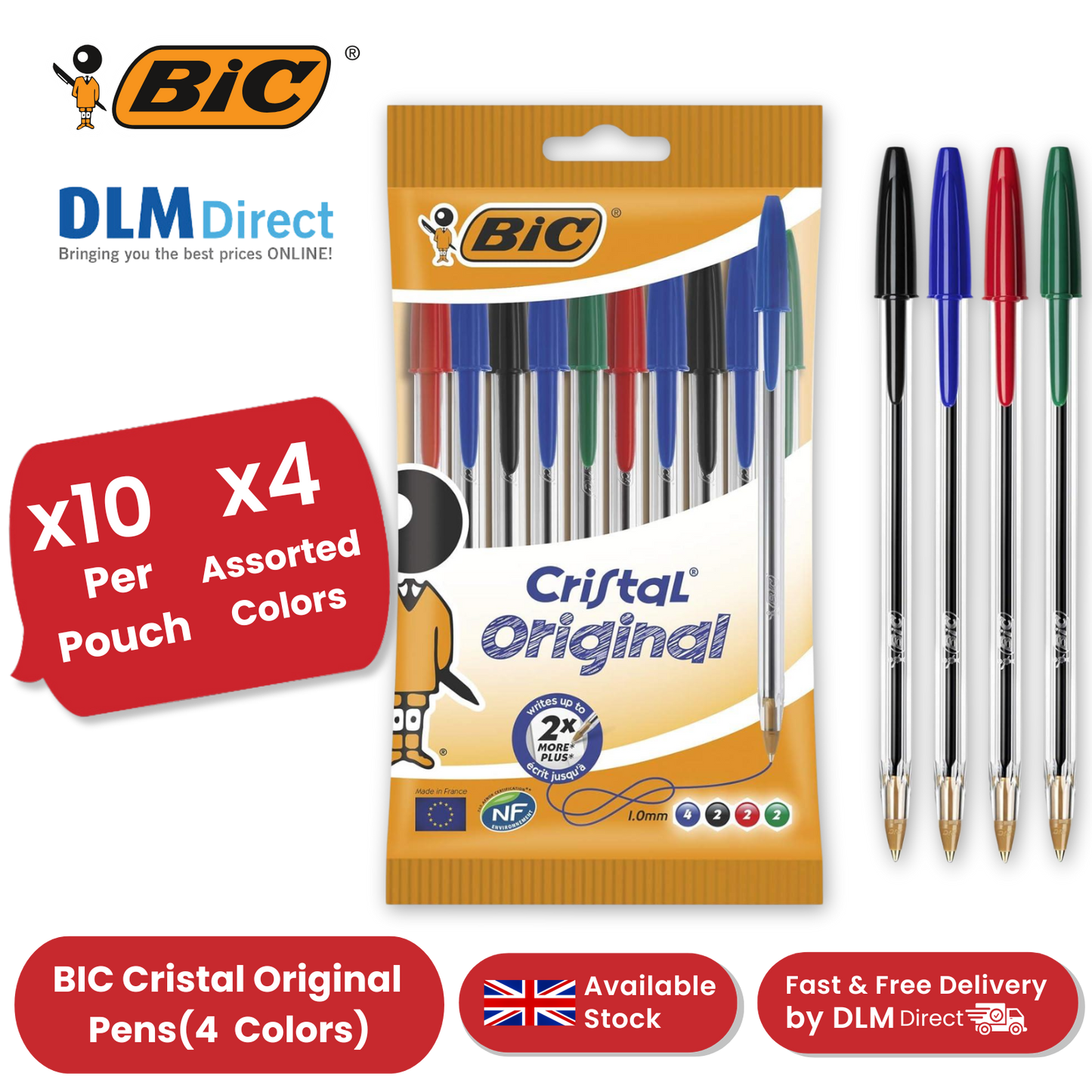 BIC Cristal Original Ballpoint Pens, Fine 1.0mm, 10 Assorted Colours, Comfortable Grip for School and Office