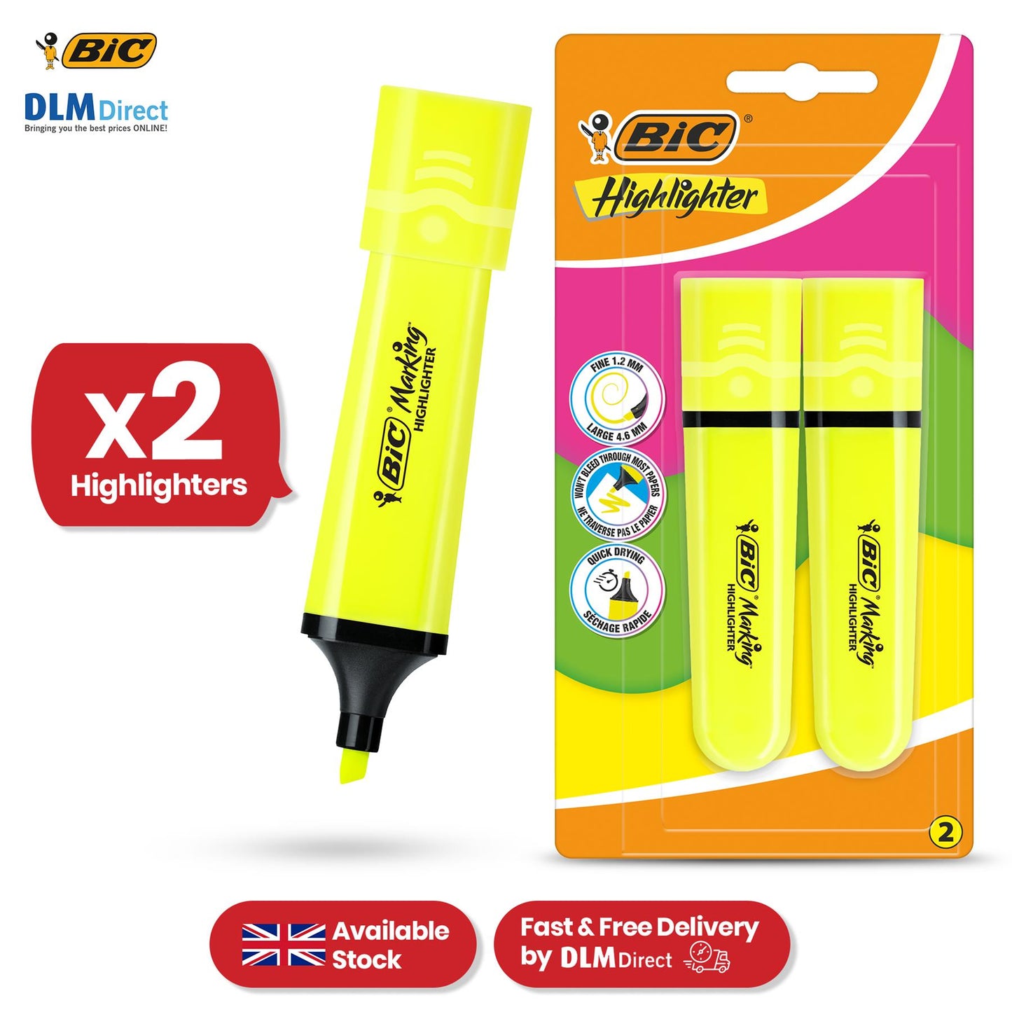 BIC Marking Highlighter Flat Marker Pack of 2 Neon Yellow, Modular Tip for Bold and Precise Tasks, Quick-Dry Ink, Ideal for Work, School, and Projects