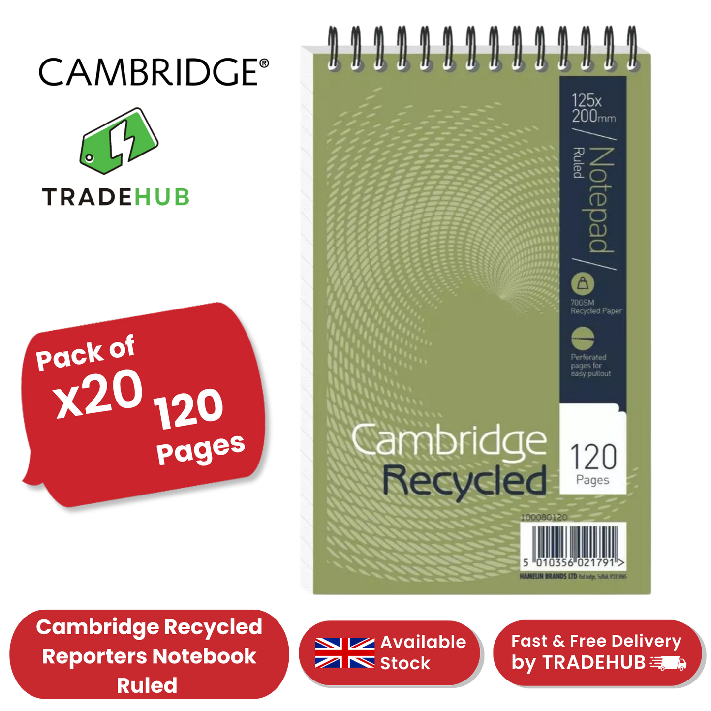 Cambridge Recycled Reporters Notebook Ruled 120 Pages (Pack of 10)