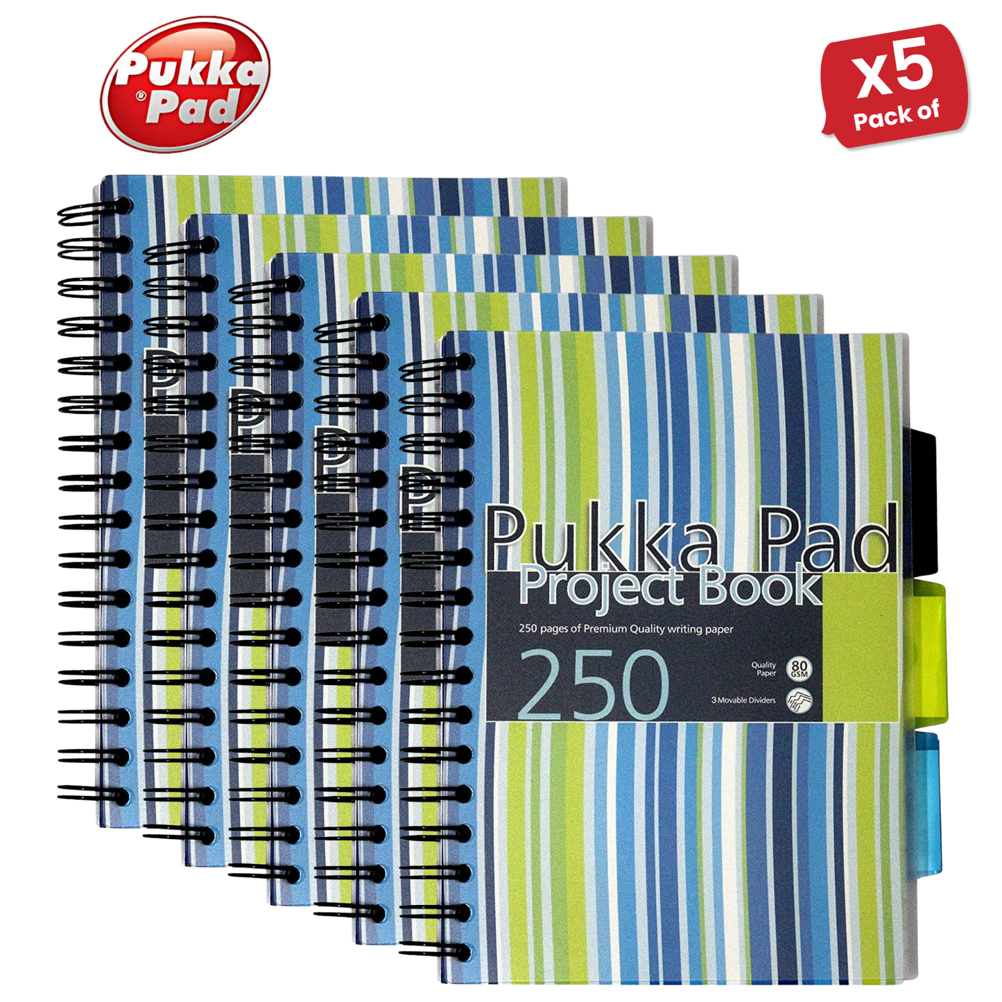 Pukka A5 Stripes Project Book, 250 Page, Lined, Single Notebook for Study & Work