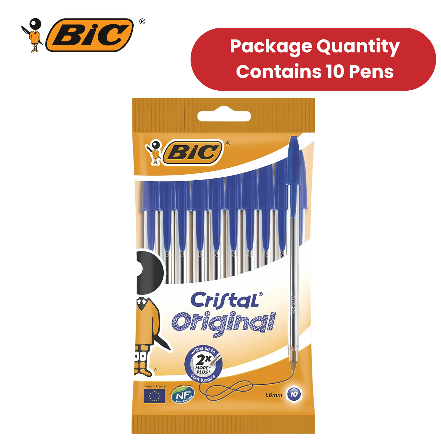 BIC Cristal Original Ballpoint Pens Medium Point (1.0 mm) Blue, Pouch of 8 - 1-5