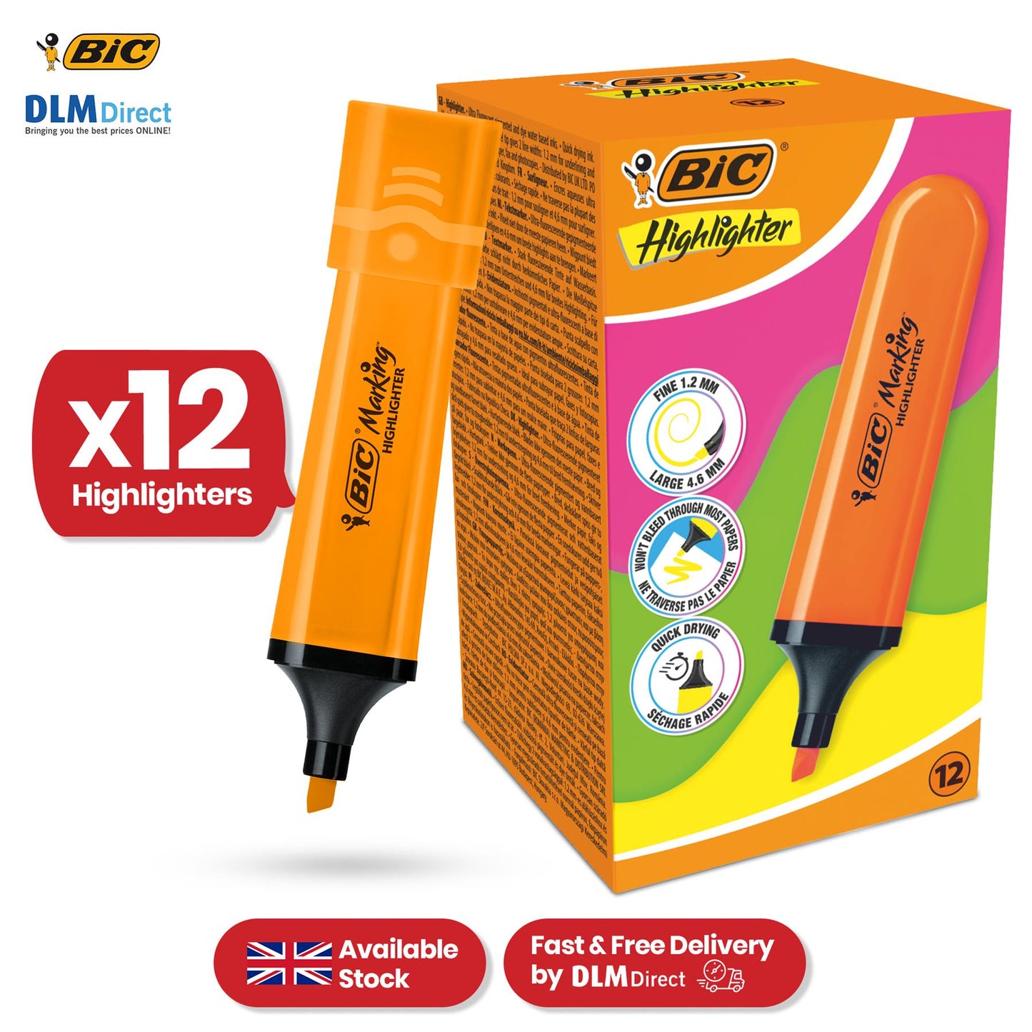 BIC 12x Marking Highlighter Flat Marker Neon Orange Modular Tip for Precise Highlighting