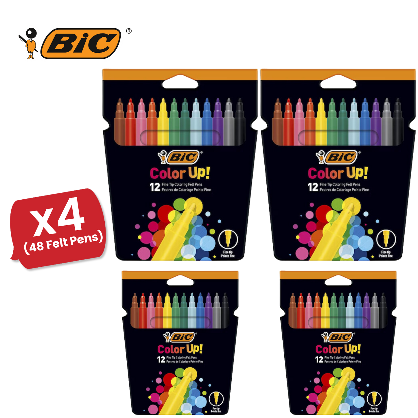 BIC Colour Up Colouring Felt Pens Assorted Colours - Pack of 12 - 1 to 5 Packs
