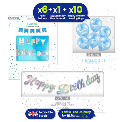 Blue Balloons Silver Garland and Bunting Birthday Party Decorations Set