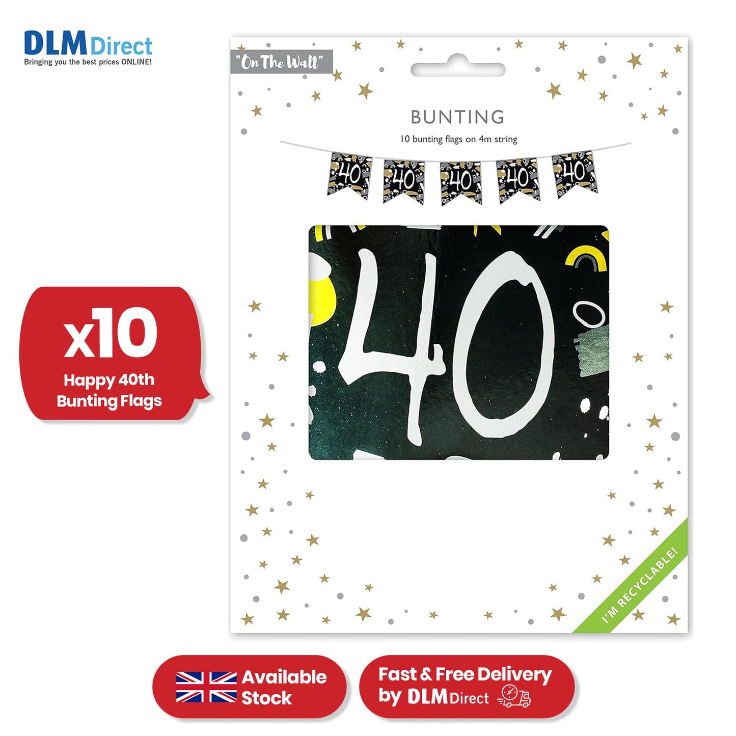 On The Wall Happy 40th Birthday Banner - Black & White, 4m Long - 10 Flags