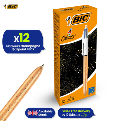 BIC 4-Colour Champagne Pens Pack of 12 Medium Points for Office & Home