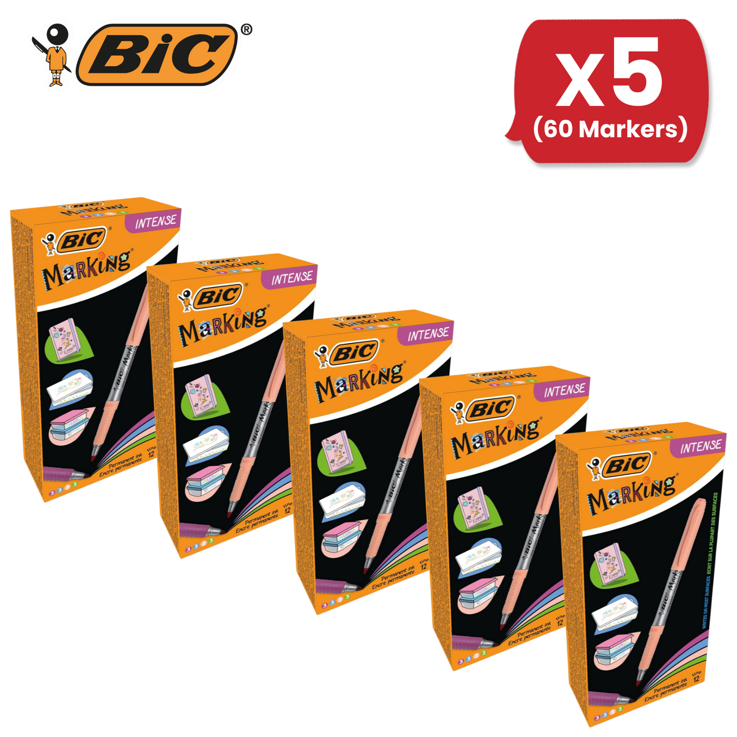 BIC Marking Permanent Markers Fine Tip Assorted Intense & Pastel Colours 12 Pack