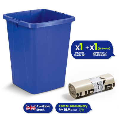 110L Bin Bags 25 Pack and 90L DURABIN Blue Waste Bin Bundle Strong Recycled Plastic Set