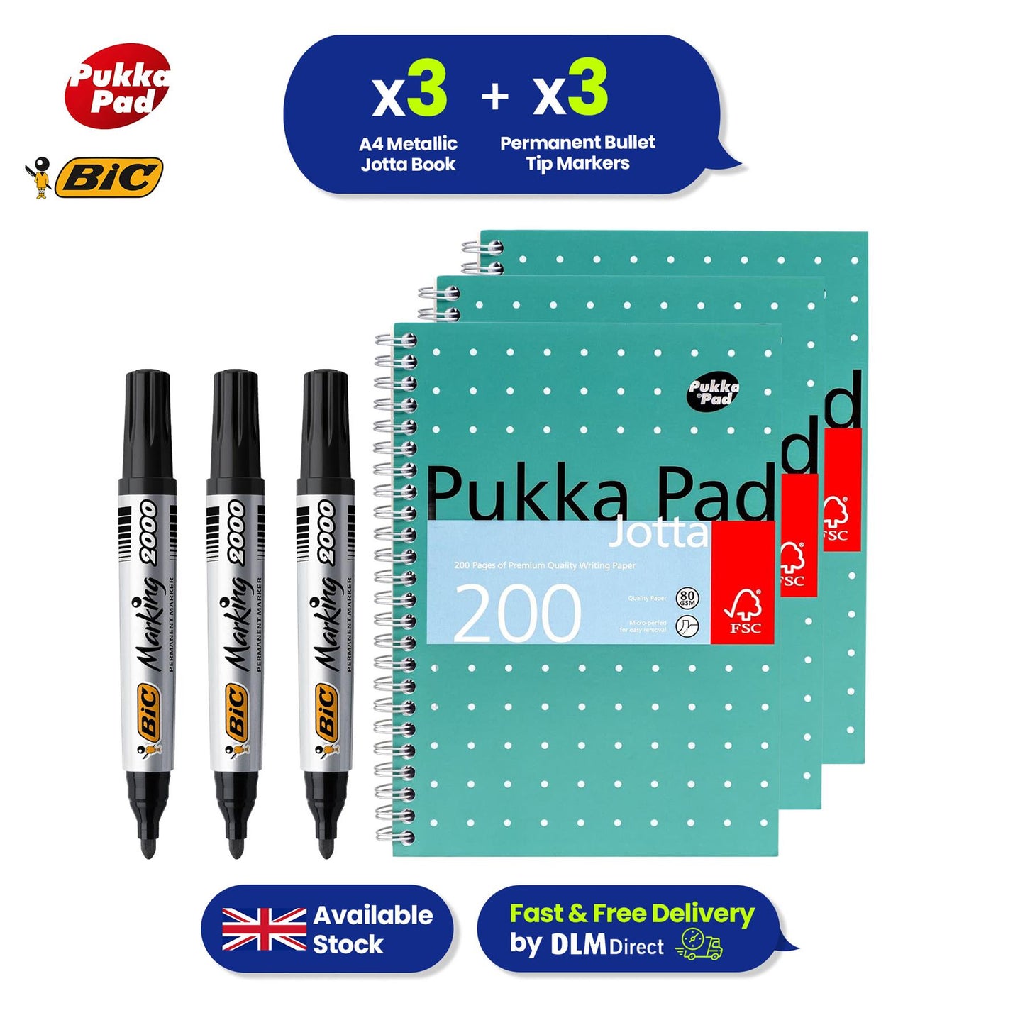 Pukka A4 Wirebound Notebooks with 200 Pages 3-Pack - BIC Marking 2000 Black Permanent Marker 3x