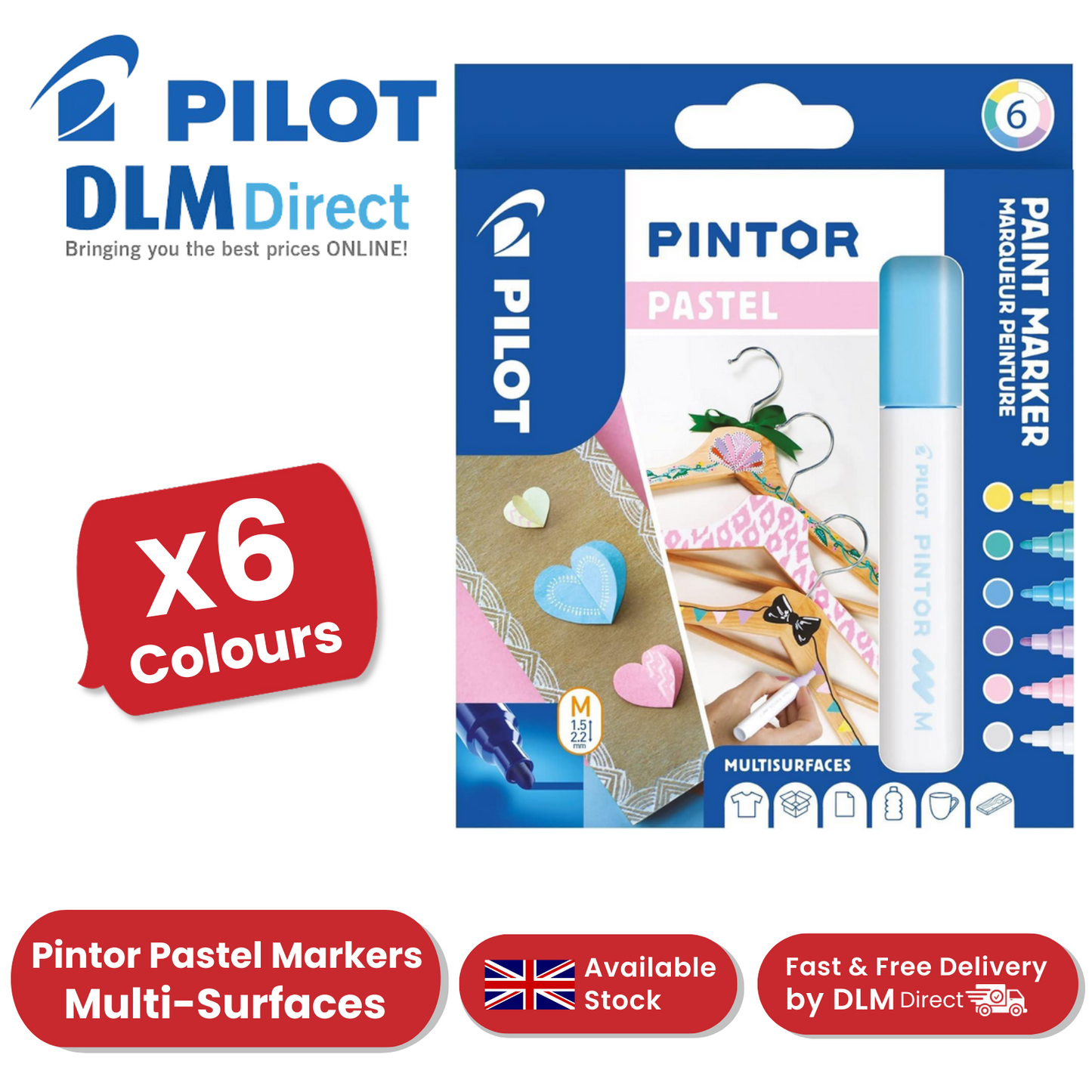 Pilot Pintor - Pastel - Wallet of 6 - Medium Blue,Yellow,Violet,Green,Pink,White