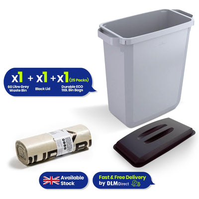 DURABIN 60L Grey Bin Set and Black Lid and 25x 110L Recycled Bin Bags
