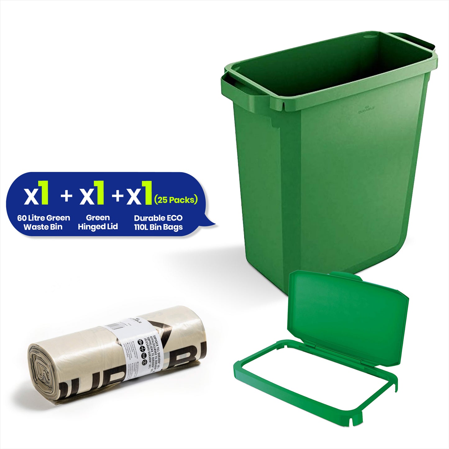 DURABIN 60L Green Bin Set & Green Hinged Lid and 25x 110L Recycled Bin Bags