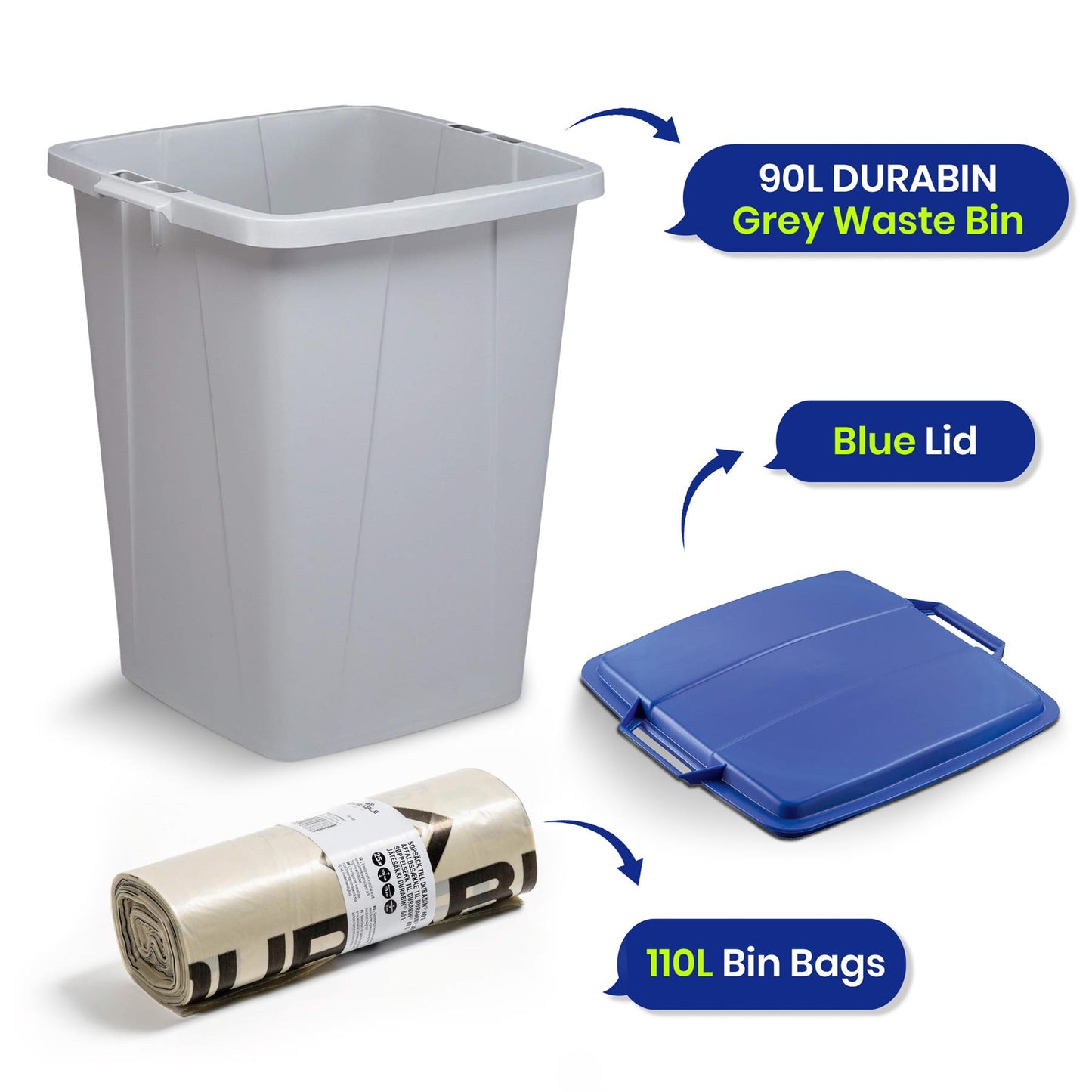 DURABIN 90L Grey Bin with Blue Lid and 25x 110L Recycled Bin Bags for Everyday Use