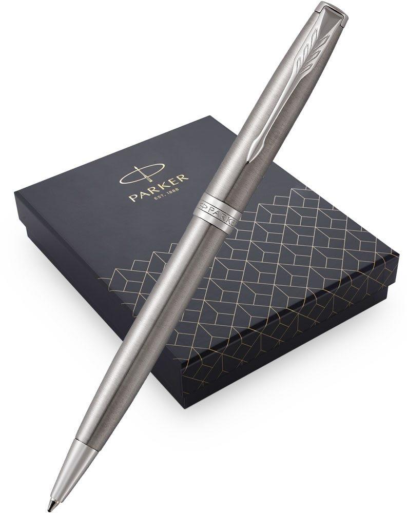 PARKER SET 16 SONNET STAINLESS STEEL CHROME TRIM BALLPOINT PEN MED NIB BLACK INK & PEN POUCH GIFT SET