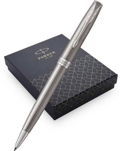 PARKER SET 16 SONNET STAINLESS STEEL CHROME TRIM BALLPOINT PEN MED NIB BLACK INK & PEN POUCH GIFT SET