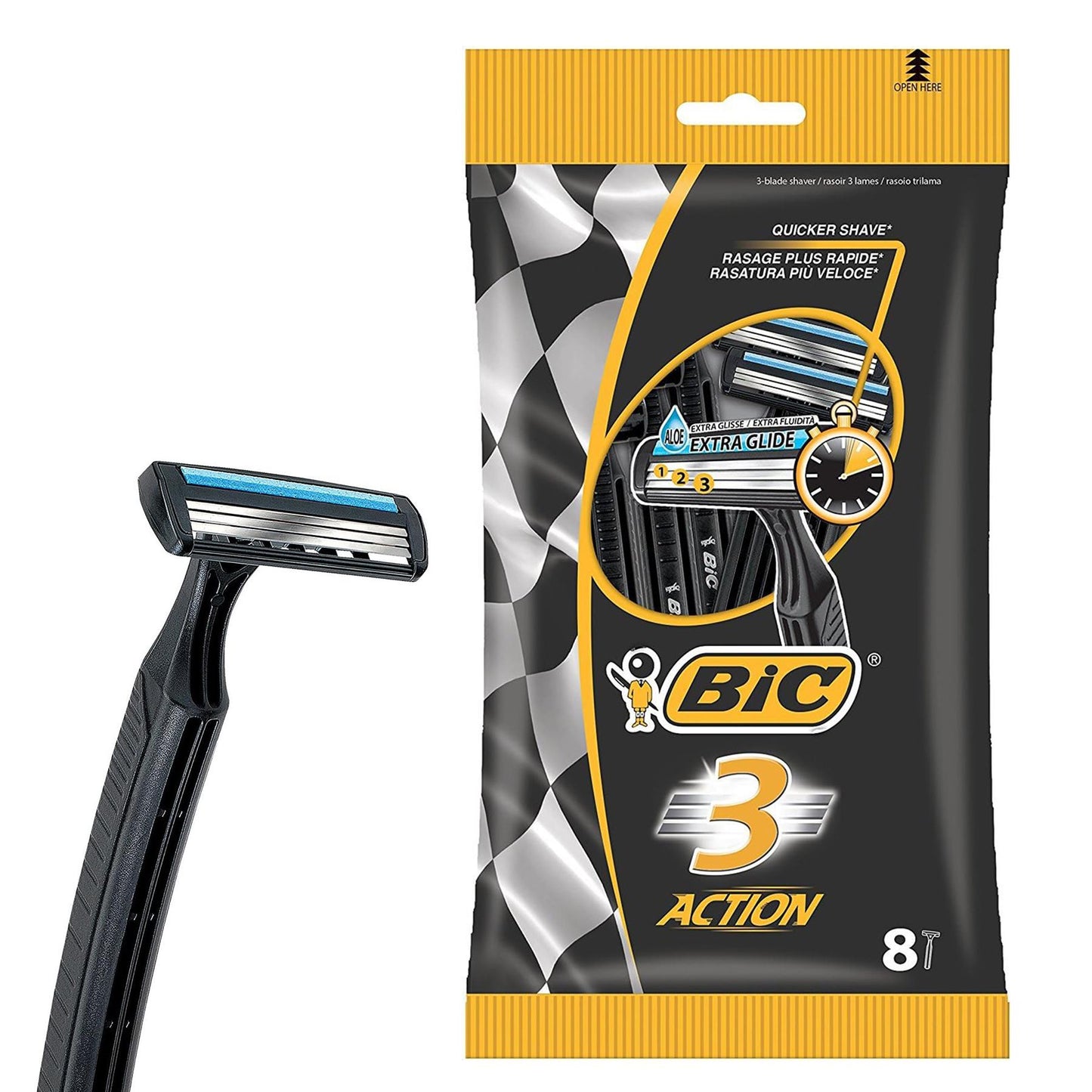 BIC 3 Action Mens Razor 8 Pack Disposable Shavers for Smooth Shave