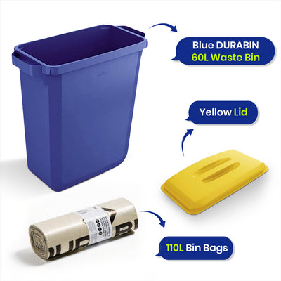 DURABIN 60L Blue Bin Set & Yellow Lid and 25x 110L Recycled Bin Bags