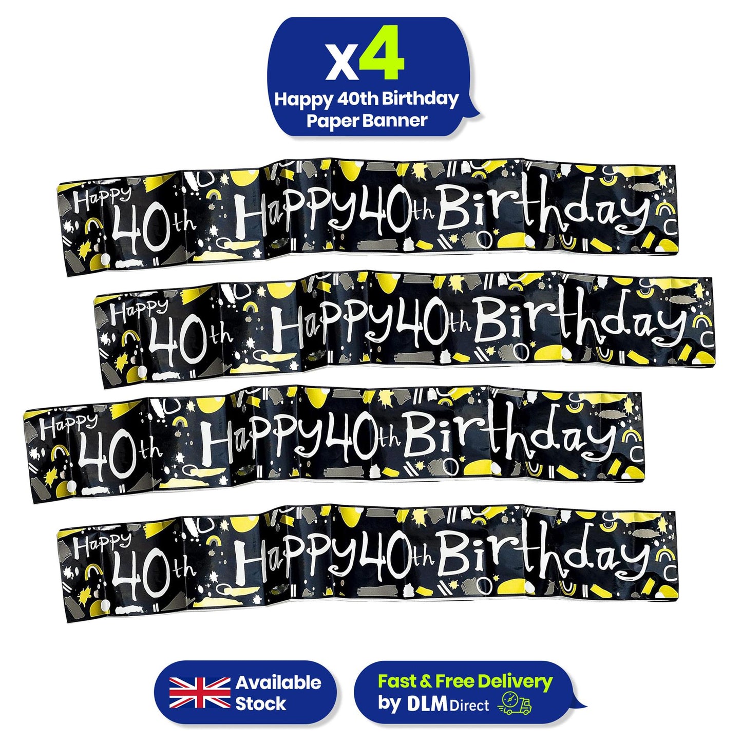 Happy 40th Birthday Black and White Recyclable Banner - 2.6m