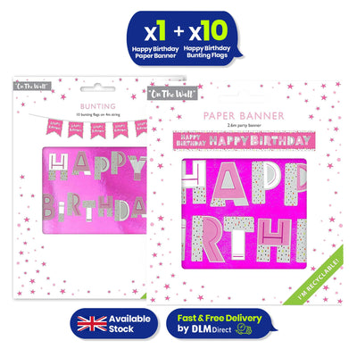 Happy Birthday Pink Bunting and Banner Set Ready to Hang Paper Party Decor
