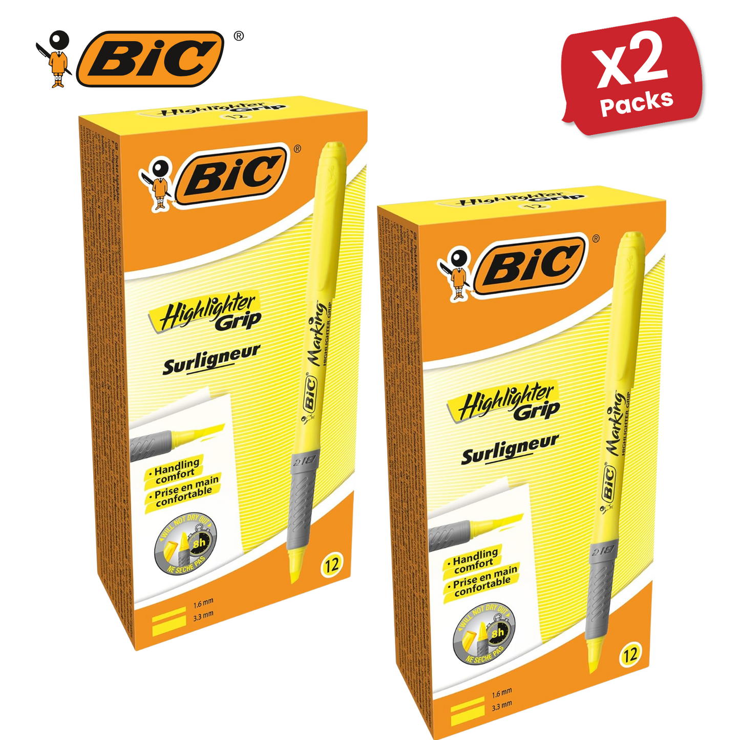 Bic Briteliner Grip Highlighter Pen Yellow - Pack of 12