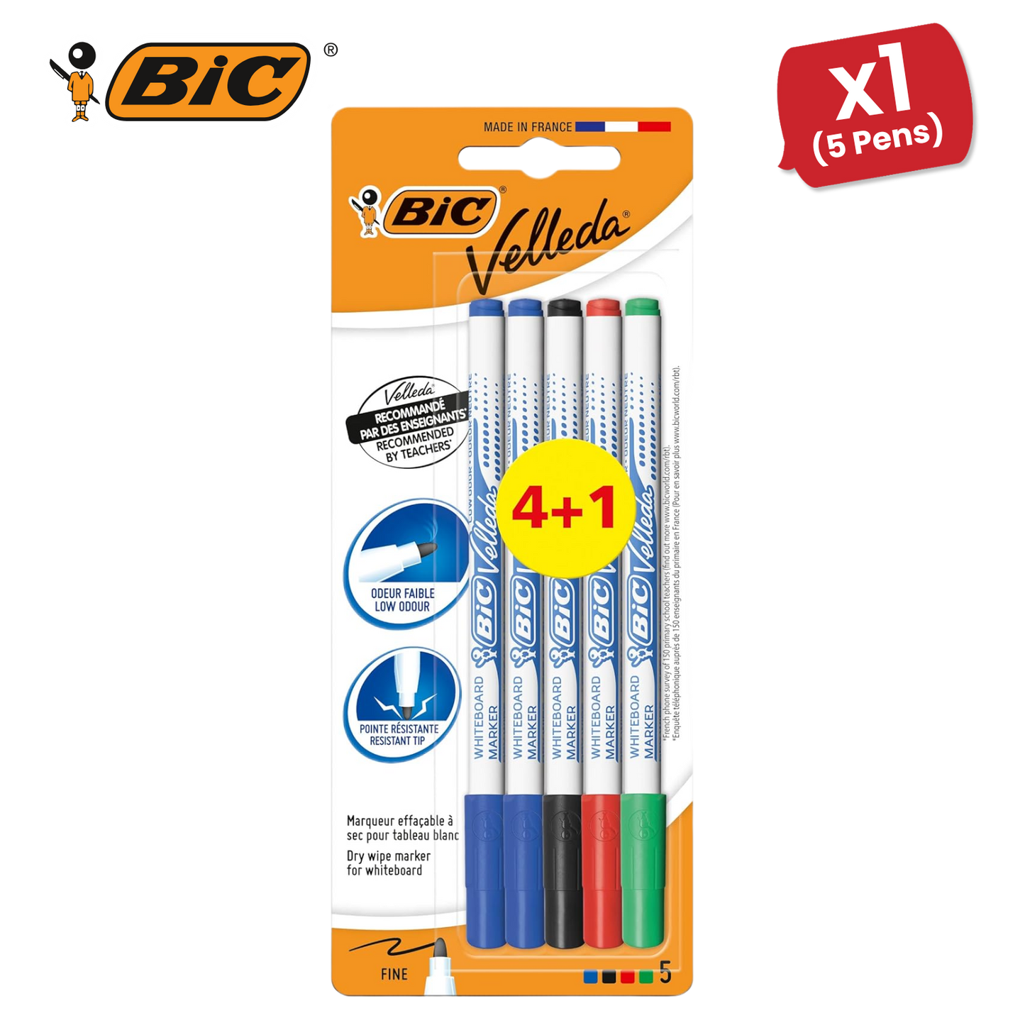 BIC Velleda 1721 Whiteboard Markers – 4+1 Pack, Assorted Colours, Smooth Writing