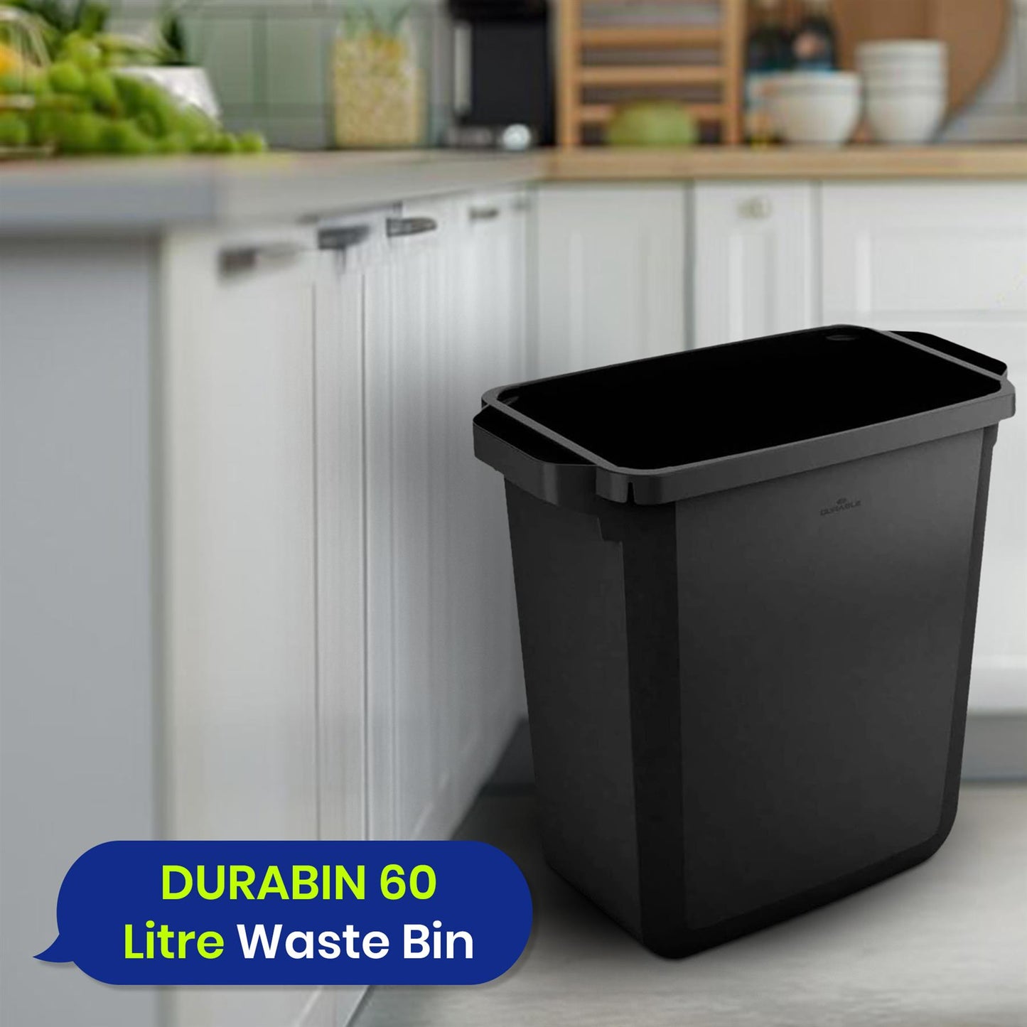 60L Durable DURABIN Black Plastic Waste Bin with Open Top & Handles for Home & Office