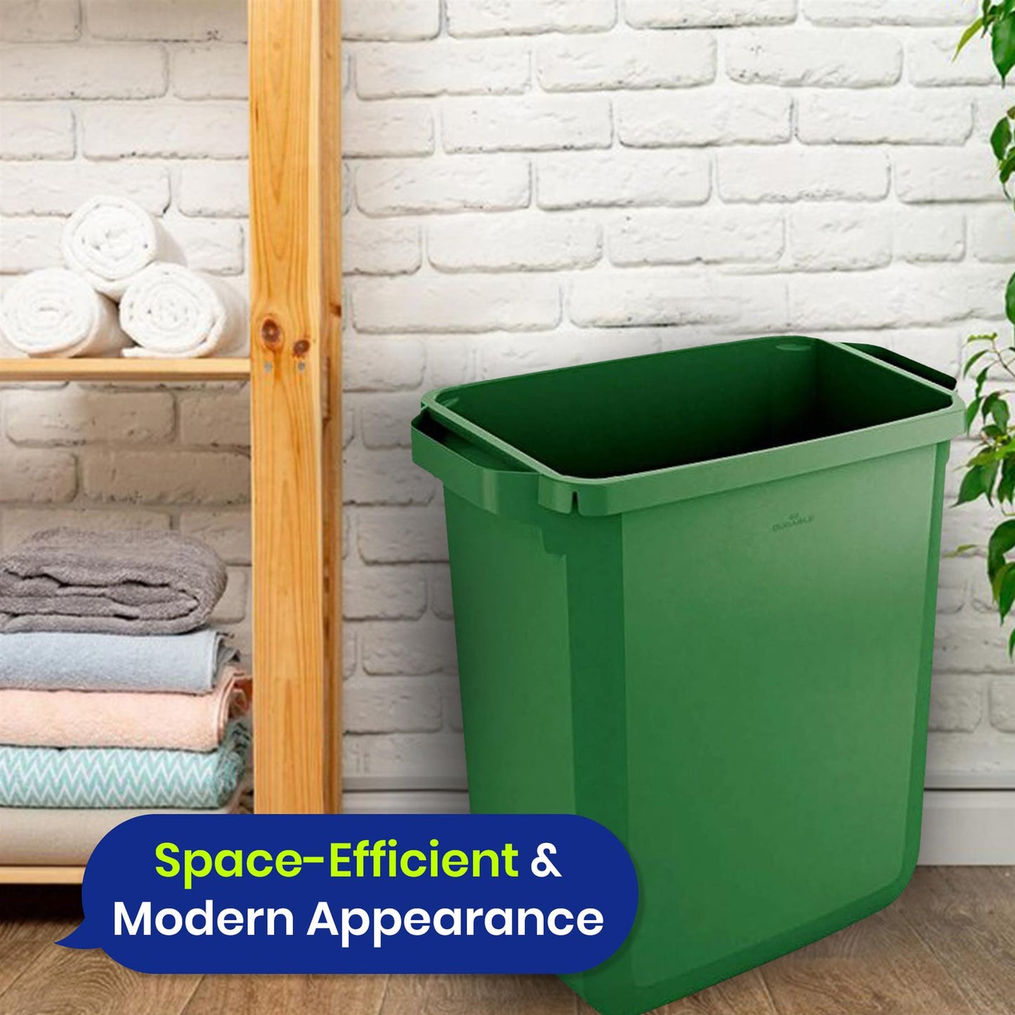 60L Durable DURABIN Green Plastic Waste Bin with Open Top & Handles for Home & Office