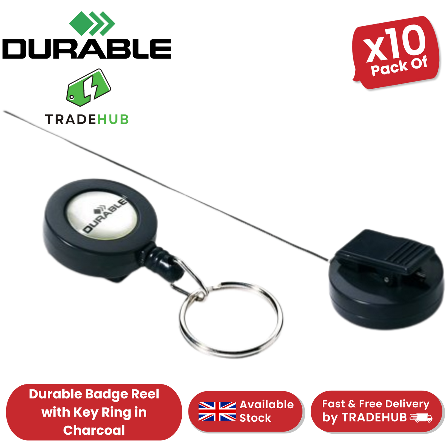Durable Badge Reel with Key Ring in Charcoal - Pack of 10 - Pack 1-5