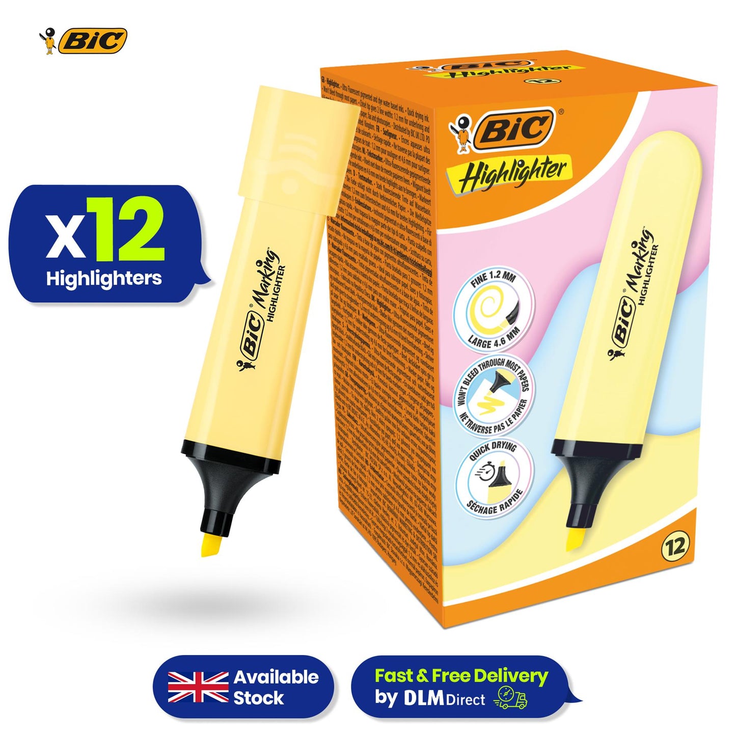 BIC 12x  Marking Highlighter Flat Pastel Yellow Modular Tip for Precise Highlighting
