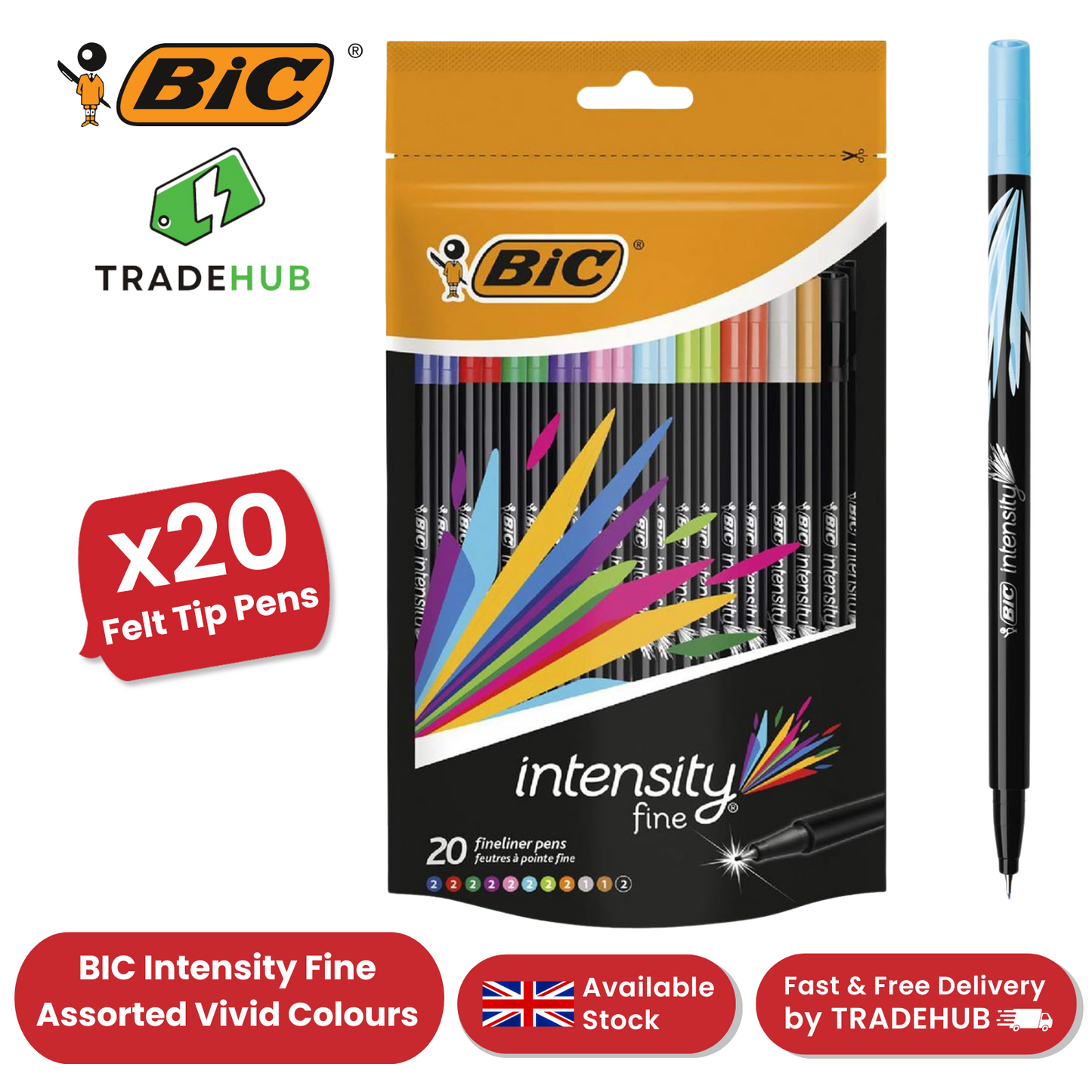 BIC Intensity Fine Felt Tip Pens Fine Point Assorted Colours - Doypack of 20