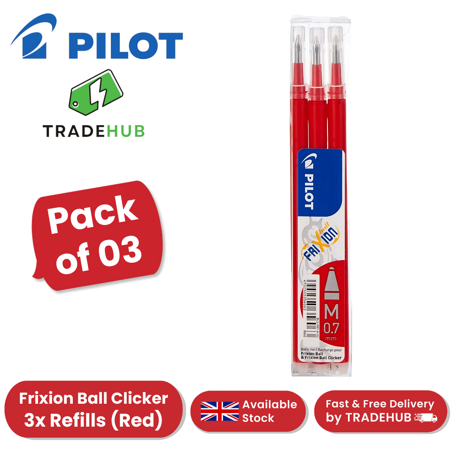Pilot FriXion Ball & Clicker Pen Refills Red 0.7mm - (Pack of 3) Smooth Writing