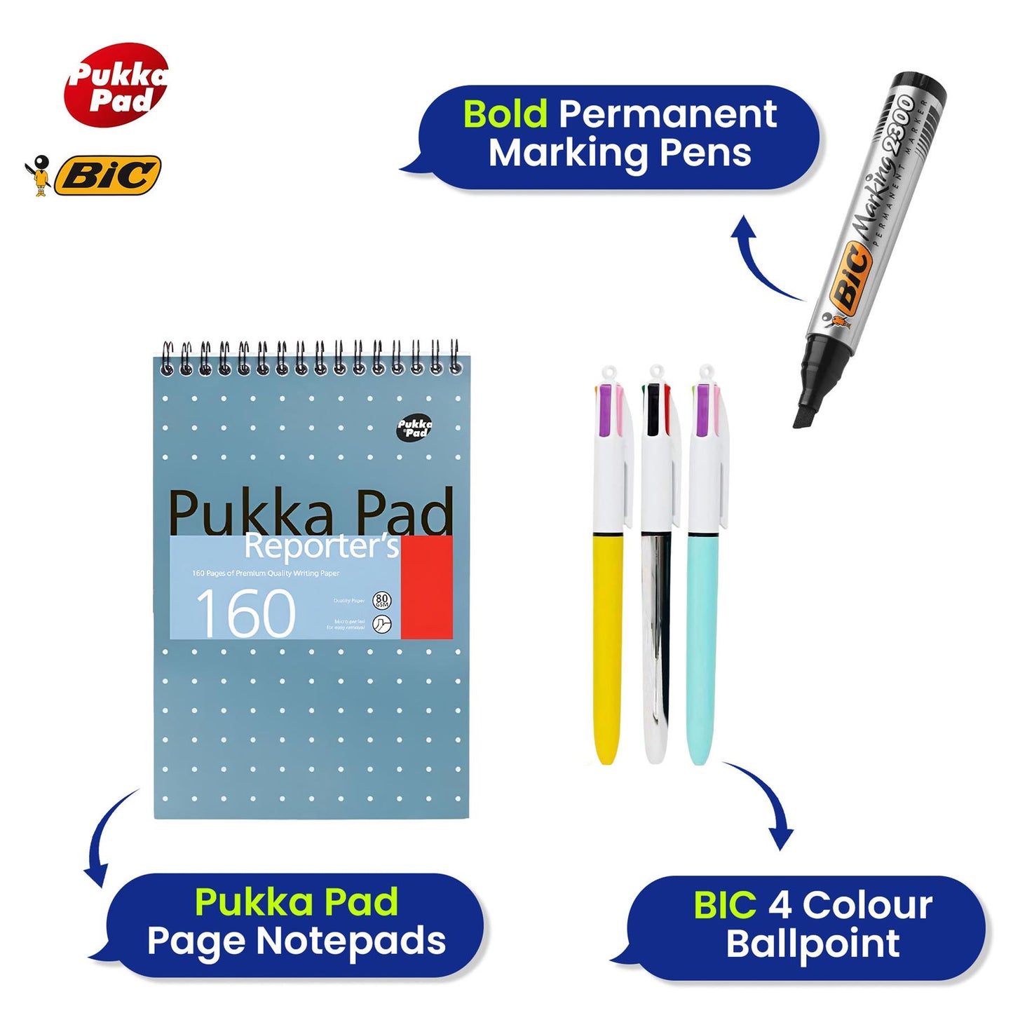 Daily Pukka Notepads 3 Packs With Bic 4 Colour Pens Pack Of 9 & Bic 2300 Permanent Markers Pack Of 2