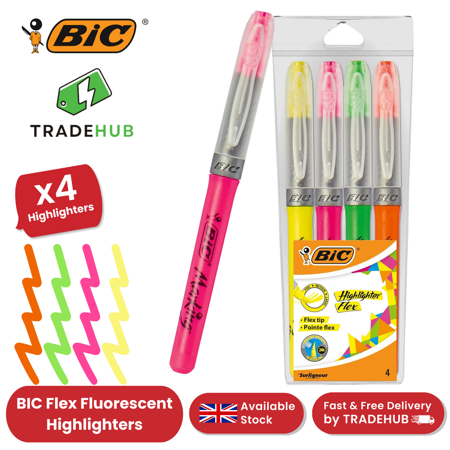 BIC Flex Assorted Fluorescent Highlighters - Pack of 4