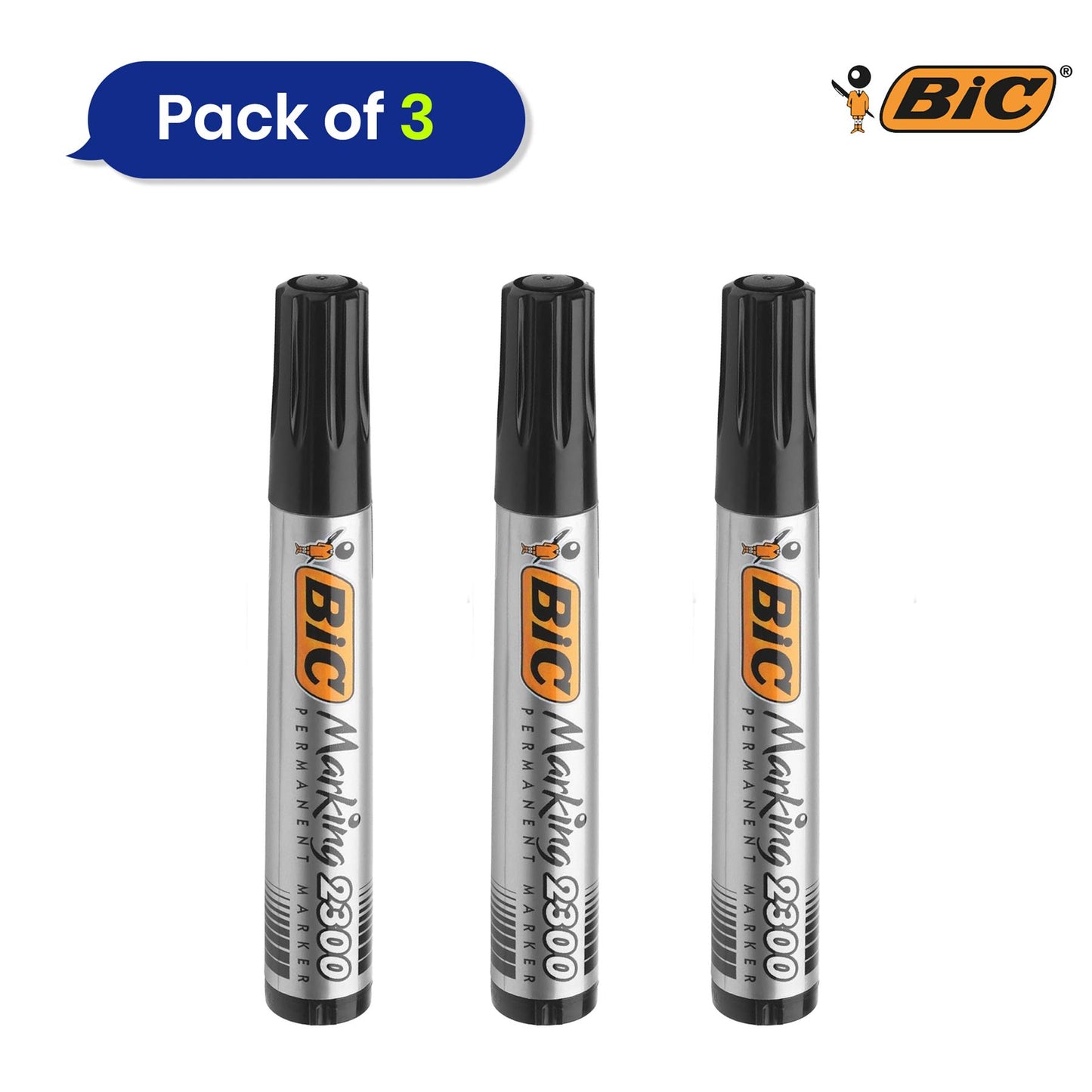 Bic 2300 Permanent Black Bullet Tip Marker - 3 Single Pens