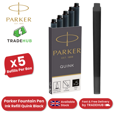 Parker Quink Black Ink Cartridges Fountain Pen Refill, Smooth Flow - Box of 5