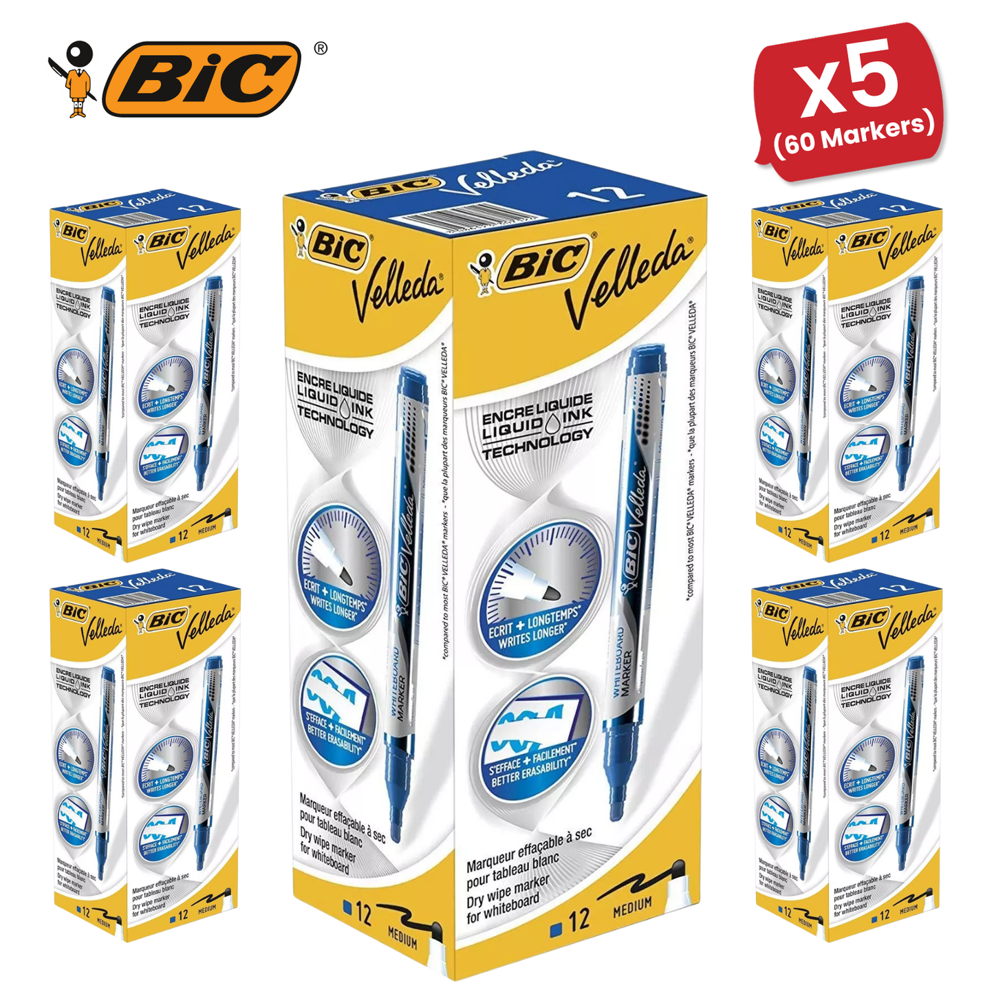 BIC Velleda Liquid Ink Dry Wipe Markers - Blue Ink, Smooth Writing, Pack of 12
