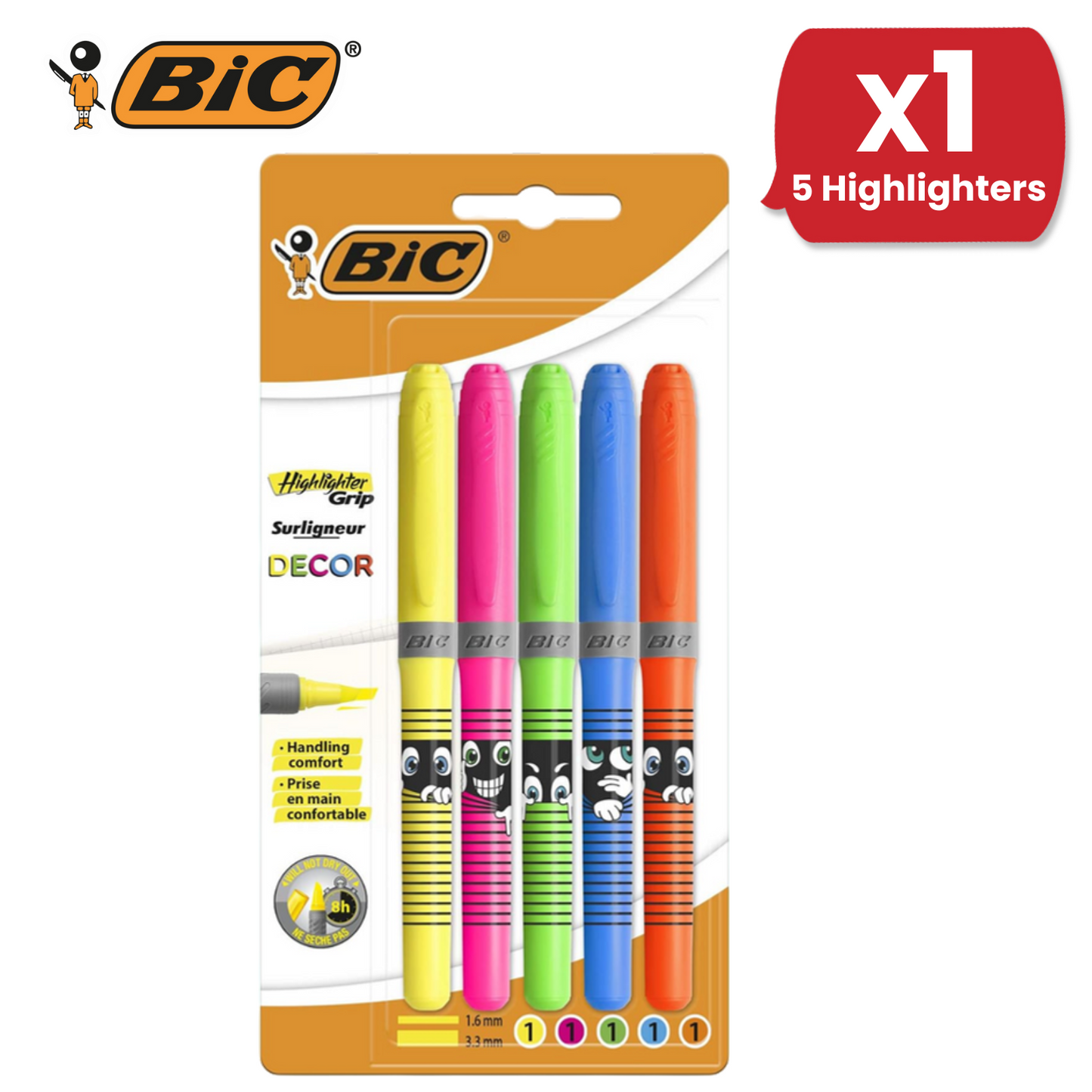 BIC Highlighter Grip Decor Highlighter Pens Adjustable Chisel Tip - 1 to 5