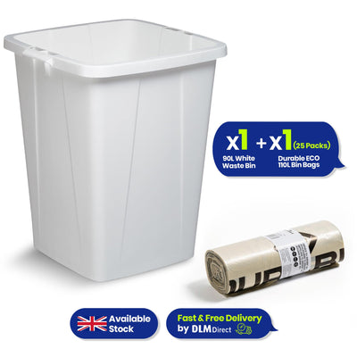 110L Bin Bags 25 Pack and 90L DURABIN White Waste Bin for Home and Office