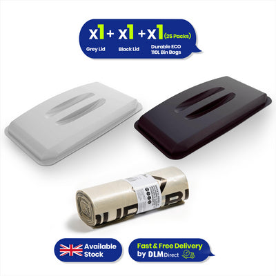 Durable DURABIN Lid Eco Grey for 60 Litre Waste Bin + Durable DURABIN Lid Eco Black for 60 Litre Waste Bin+ Durable ECO 110L Bin Bags 100% Recycled