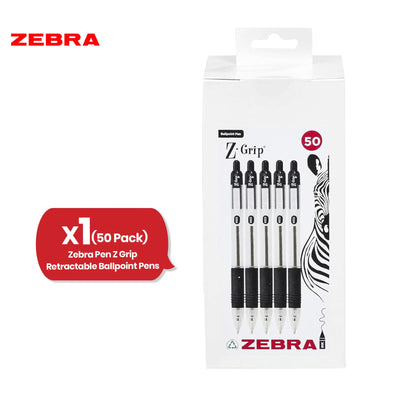 Zebra Ballpoint Pen Black Z Grip Retractable Pen 1.0mm Medium Point Biro for School Office (Pack of 50)