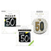 50th Birthday Decoration Set Silver Badge Black and White Banner and Bunting