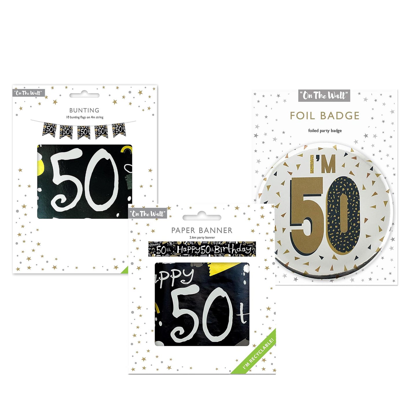 50th Birthday Decoration Set Silver Badge Black and White Banner and Bunting