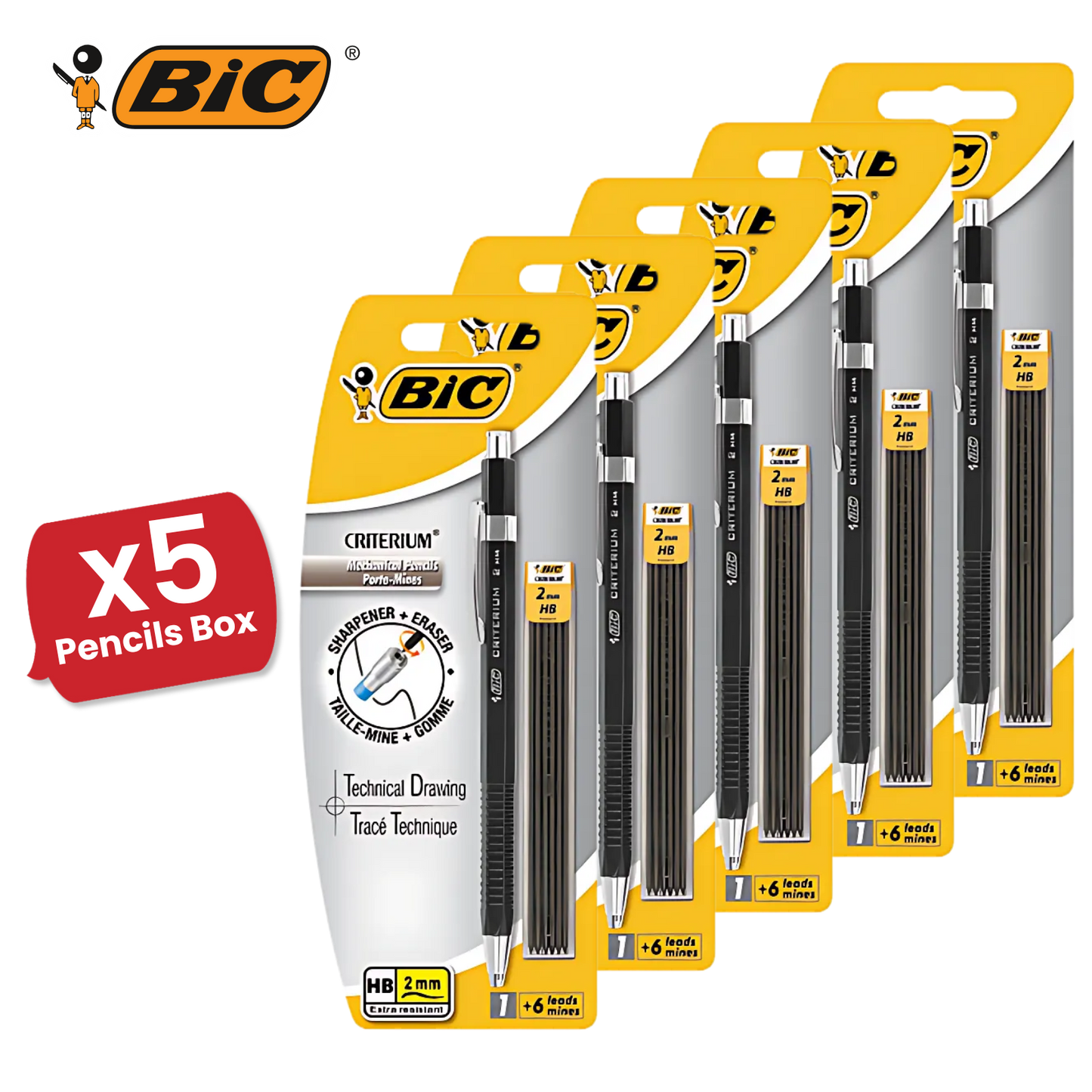 BIC Criterium 2mm Lead Mechanical Pencil  Plus 6 Leads),Black - Pack of 1 to 5